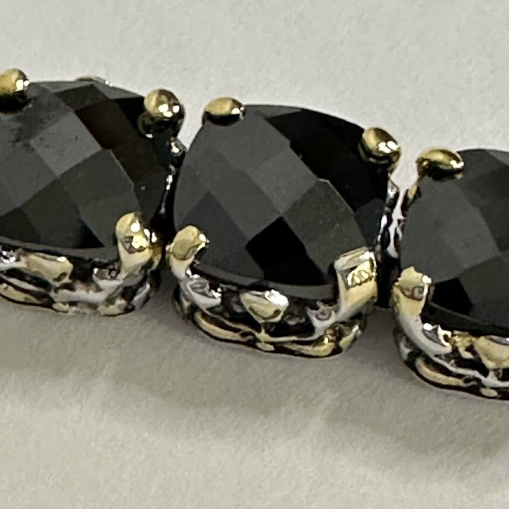 Bracelet Black Faceted Tennis Style Two Toned Safety Clasp IJDI China 925 Marked - Picture 10 of 13